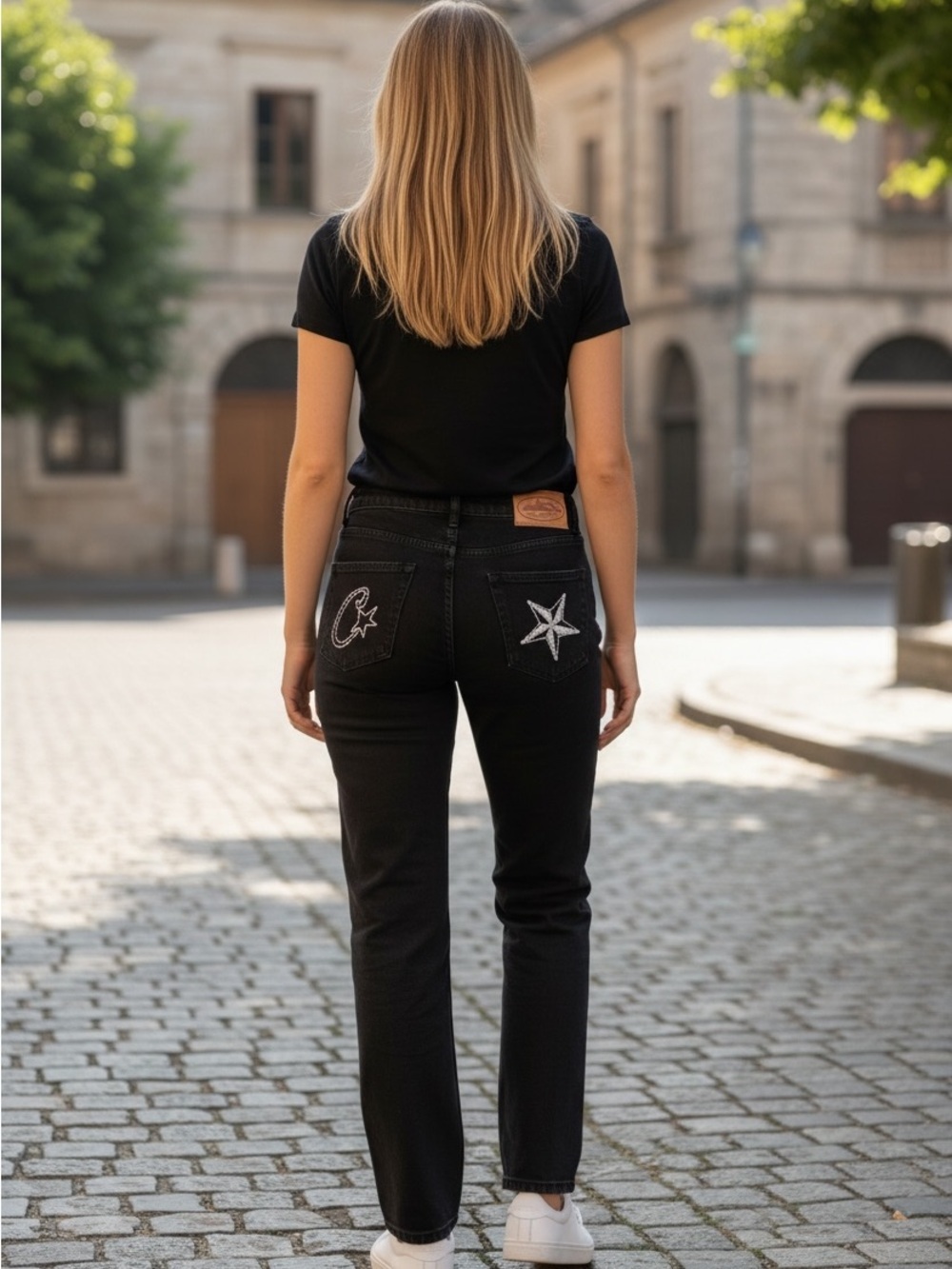 Black Women's Straight-Leg Jeans with Embroidered Back Pockets